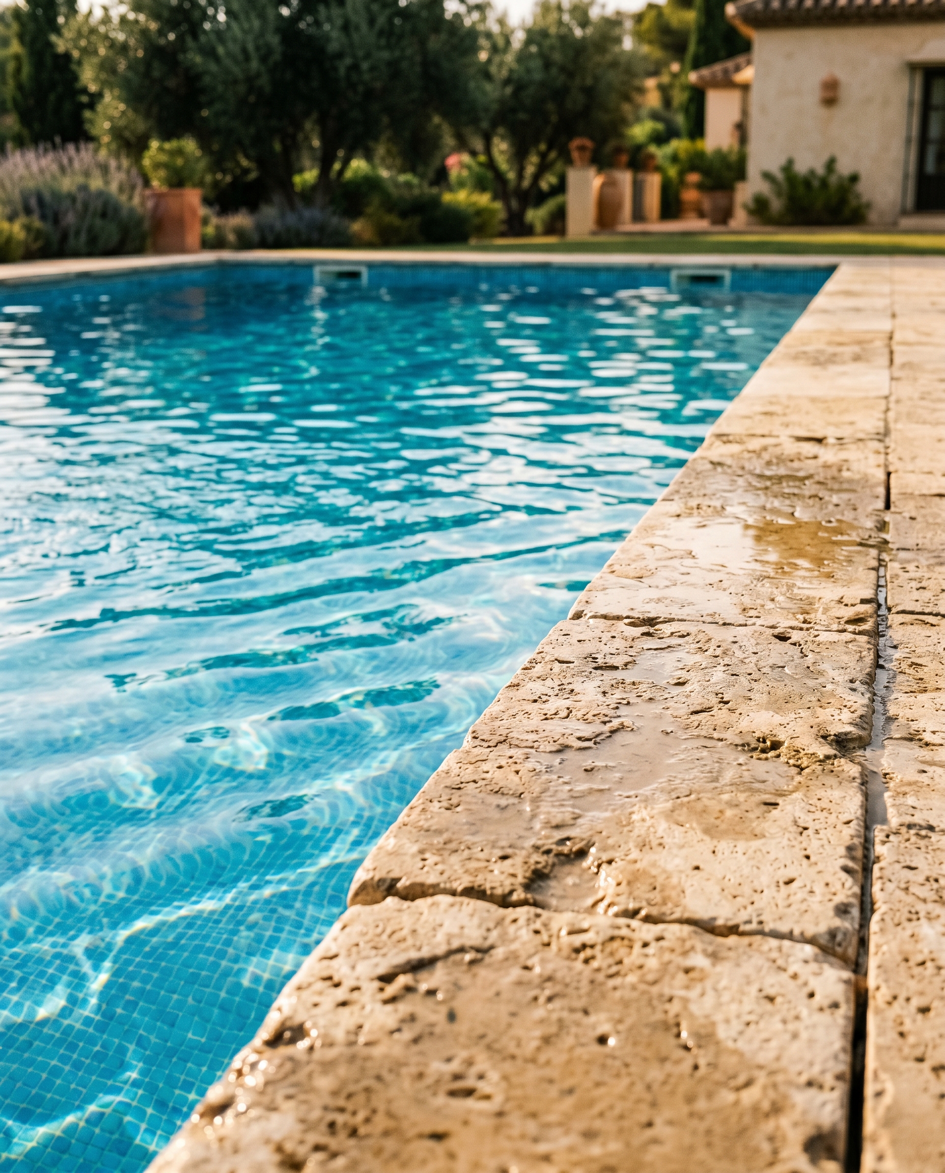 Detalle borde piscina con piedra natural