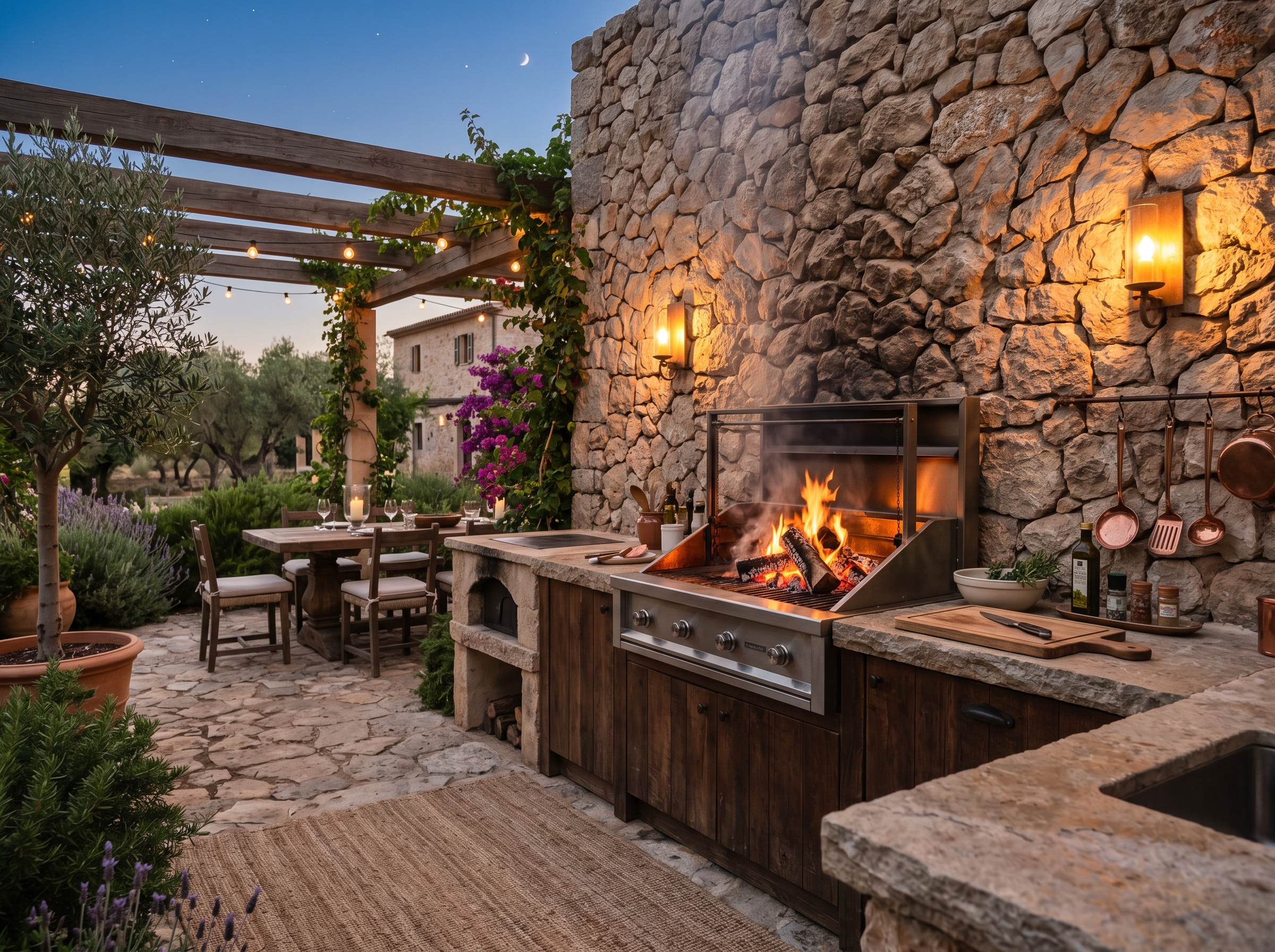 Cocina exterior con fuego