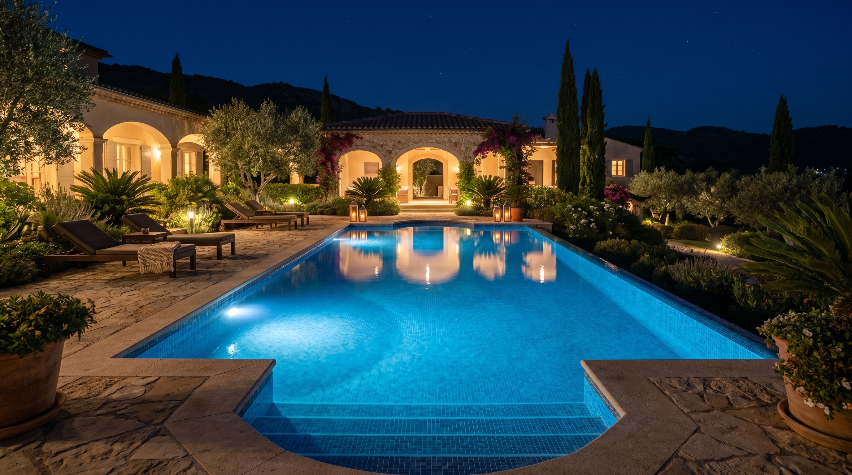 Piscina iluminada nocturna